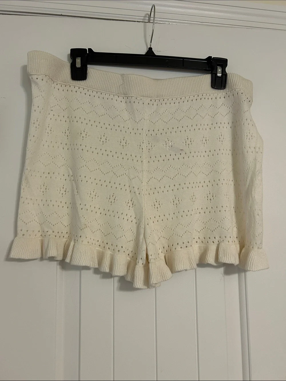 Cream Knit Ruffle-Hem Pajama Shorts